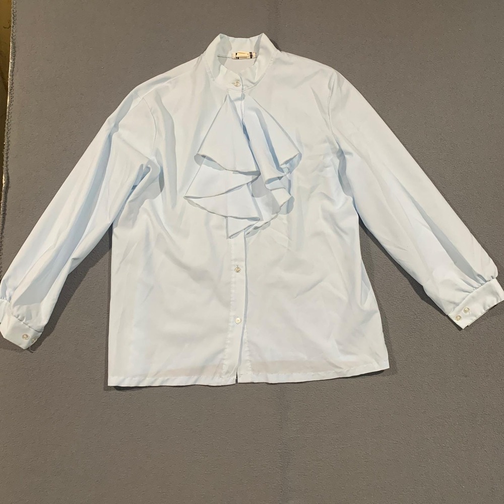 PEM Classics Jabot Ruffle Blouse Women L Light Blue Vintage Mock Neck Victorian